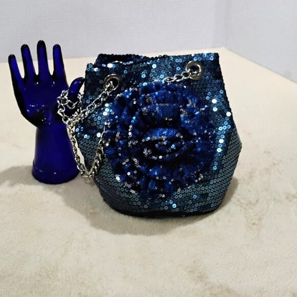 Blue sequined party hobo bag with flower accent Purse - Picture 1 of 9